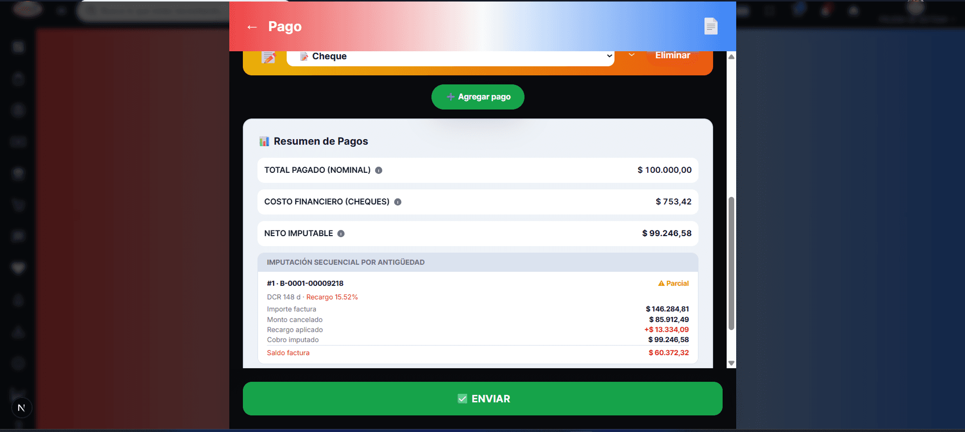 Motor de imputación de pagos — vista de liquidación de documentos